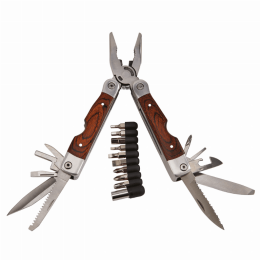Wood Handle Stainless Steel Multi Tool with Bits 7"Open